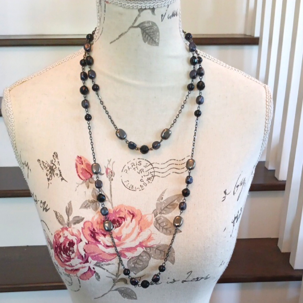 ^ Long or Layered Black and Pewter Beaded Necklace